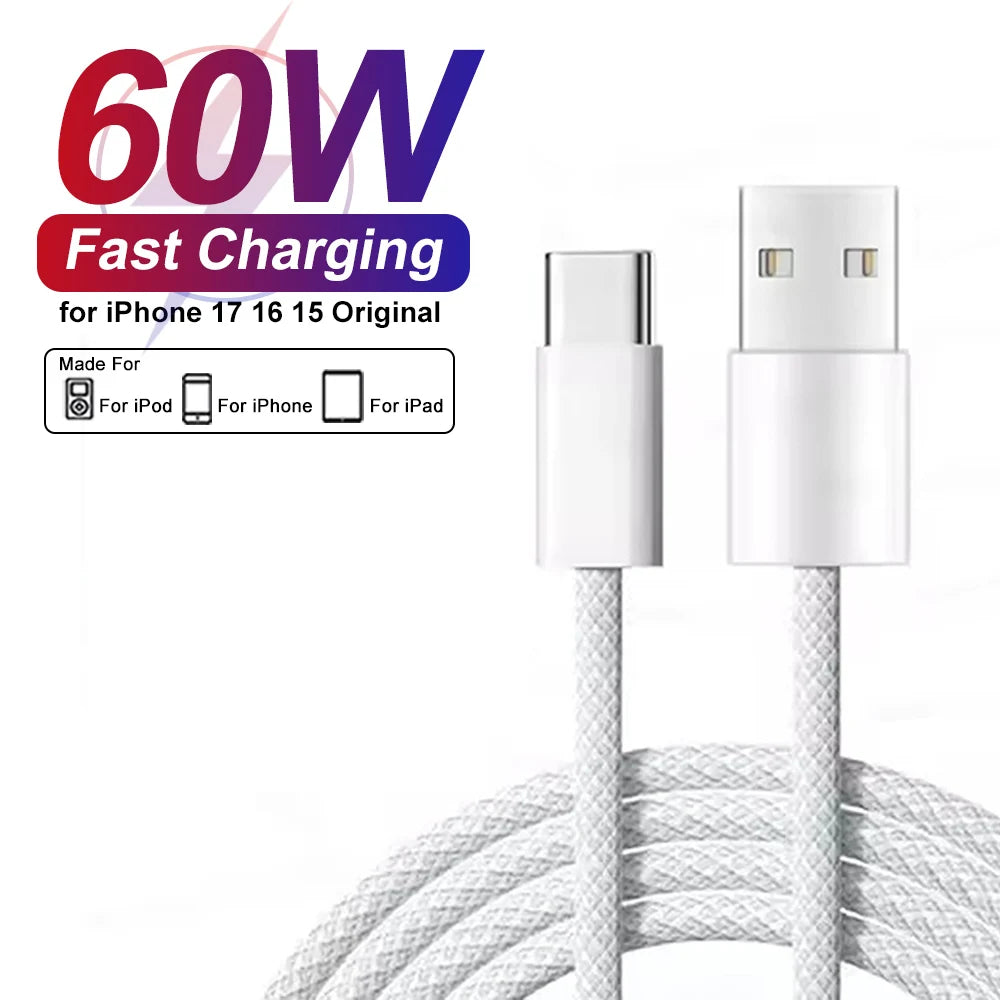Cablu USB-C 60W încărcare Rapidă pentru iPhone 17 16 15 Pro Max – Împletit, Type-C