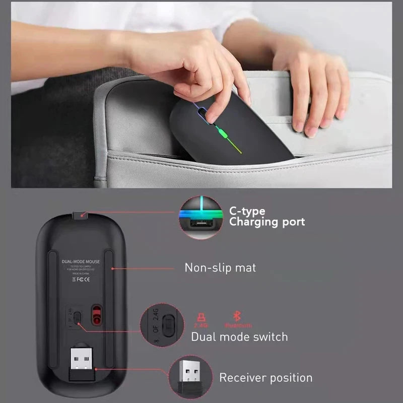 Mouse Wireless Bluetooth 5.1 & 2.4G Dual-Mode RGB Ergonomic – Silent, Reîncărcabil, 4 Butoane