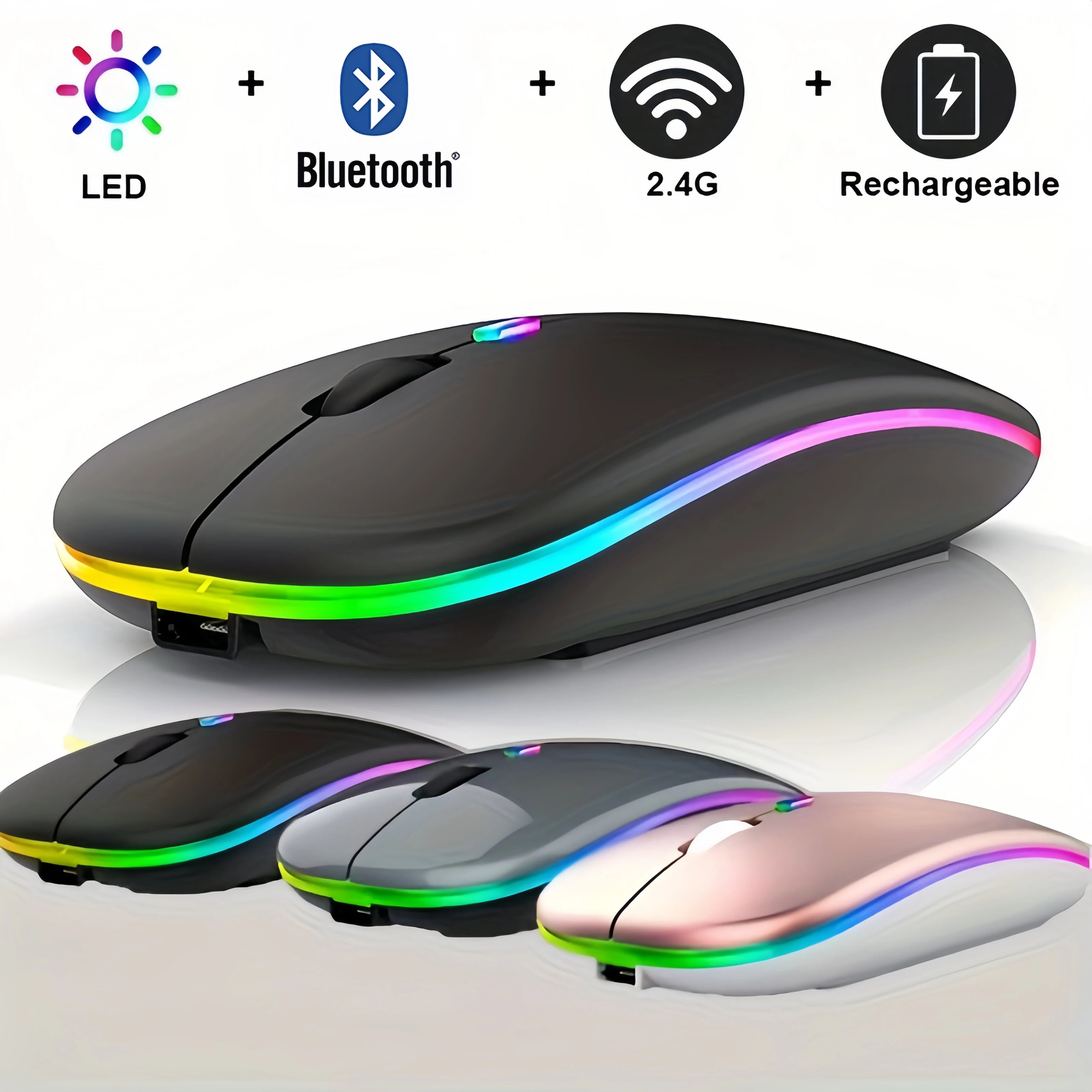 Mouse Wireless Bluetooth 5.1 & 2.4G Dual-Mode RGB Ergonomic – Silent, Reîncărcabil, 4 Butoane