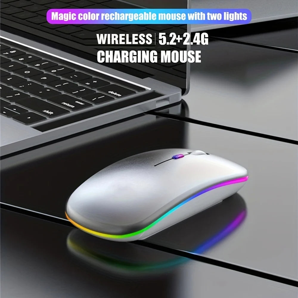 Mouse Wireless Bluetooth 5.1 & 2.4G Dual-Mode RGB Ergonomic – Silent, Reîncărcabil, 4 Butoane