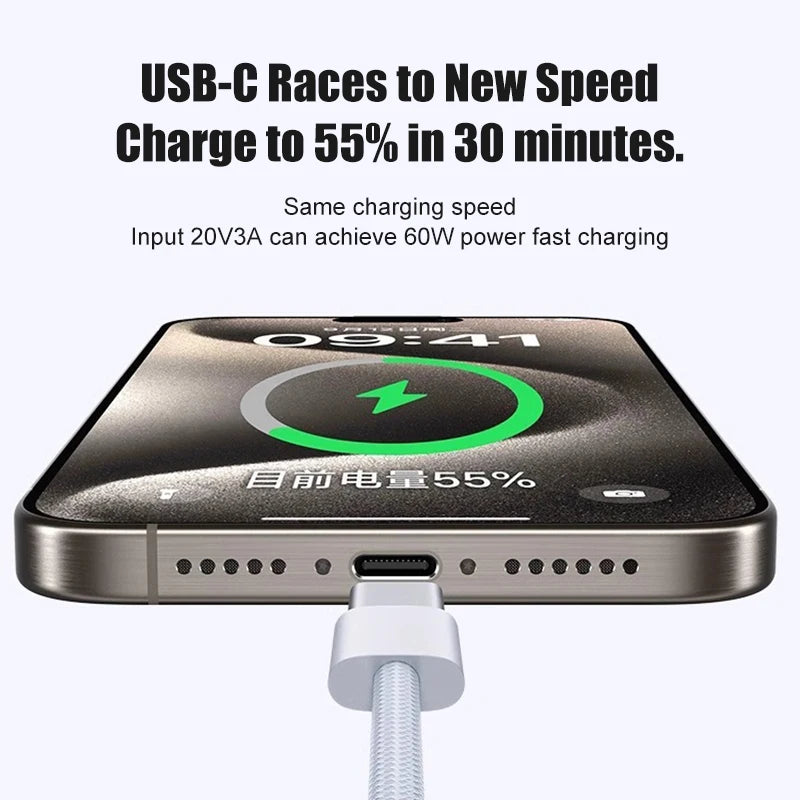 Cablu USB-C 60W încărcare Rapidă pentru iPhone 17 16 15 Pro Max – Împletit, Type-C